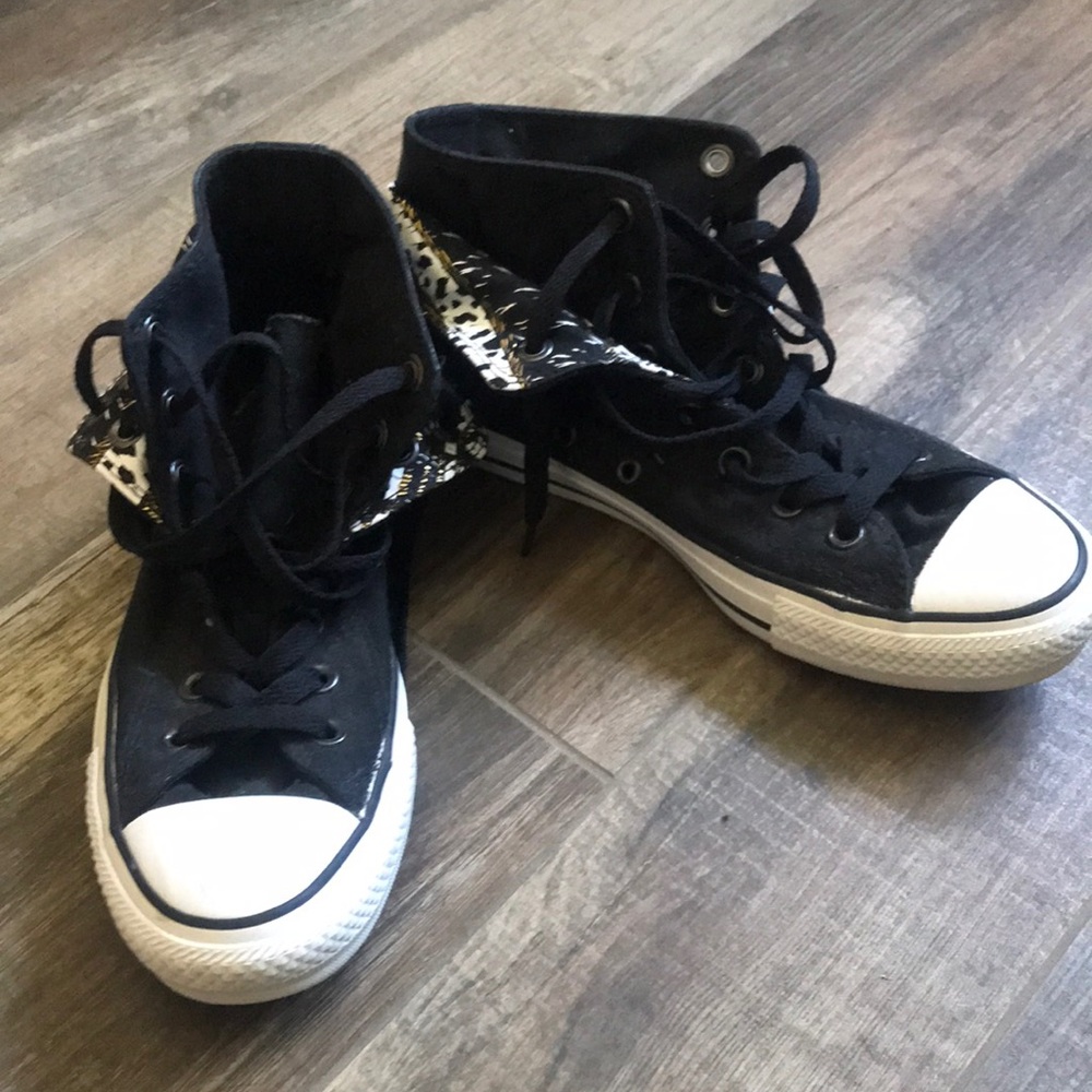 Custom Black Gold Animal Print Converse Hi-Tops